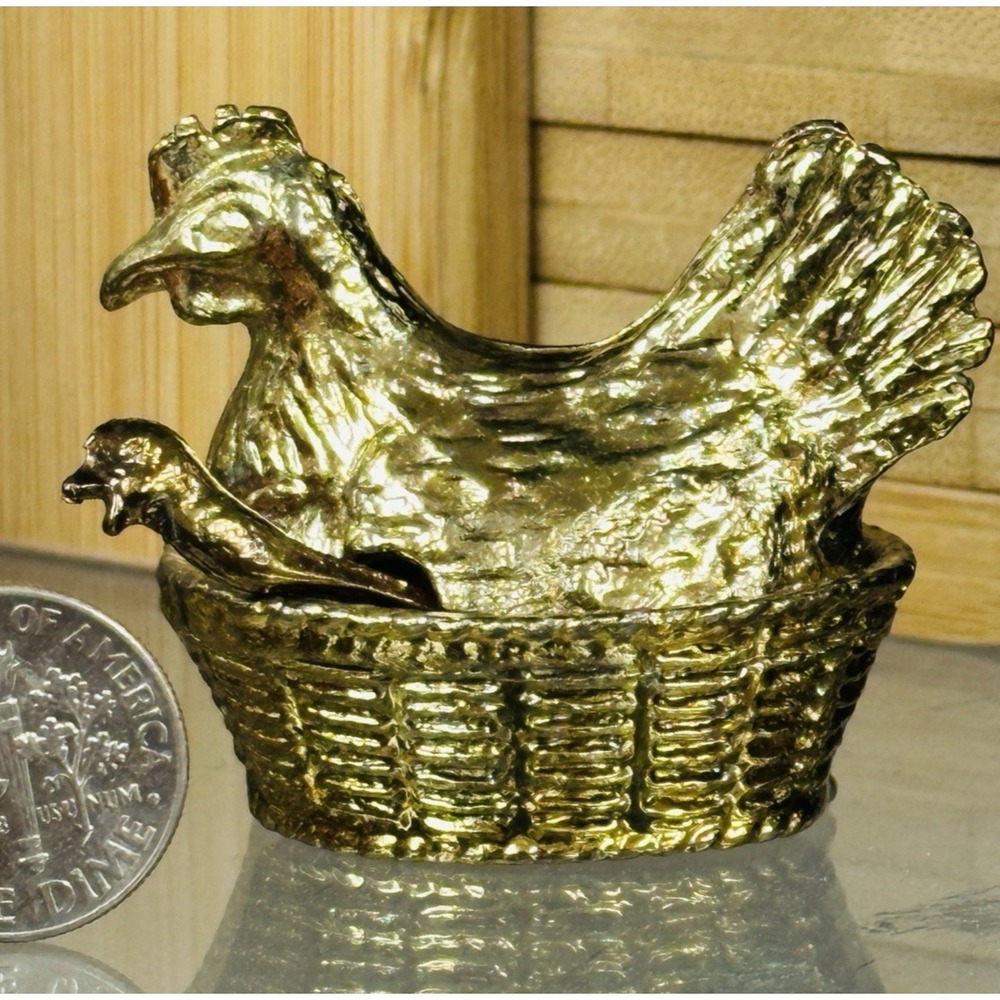 Vintage Miniature Gold Hen on Nest Salt Cellar with Tiny Chick Spoon Collectible